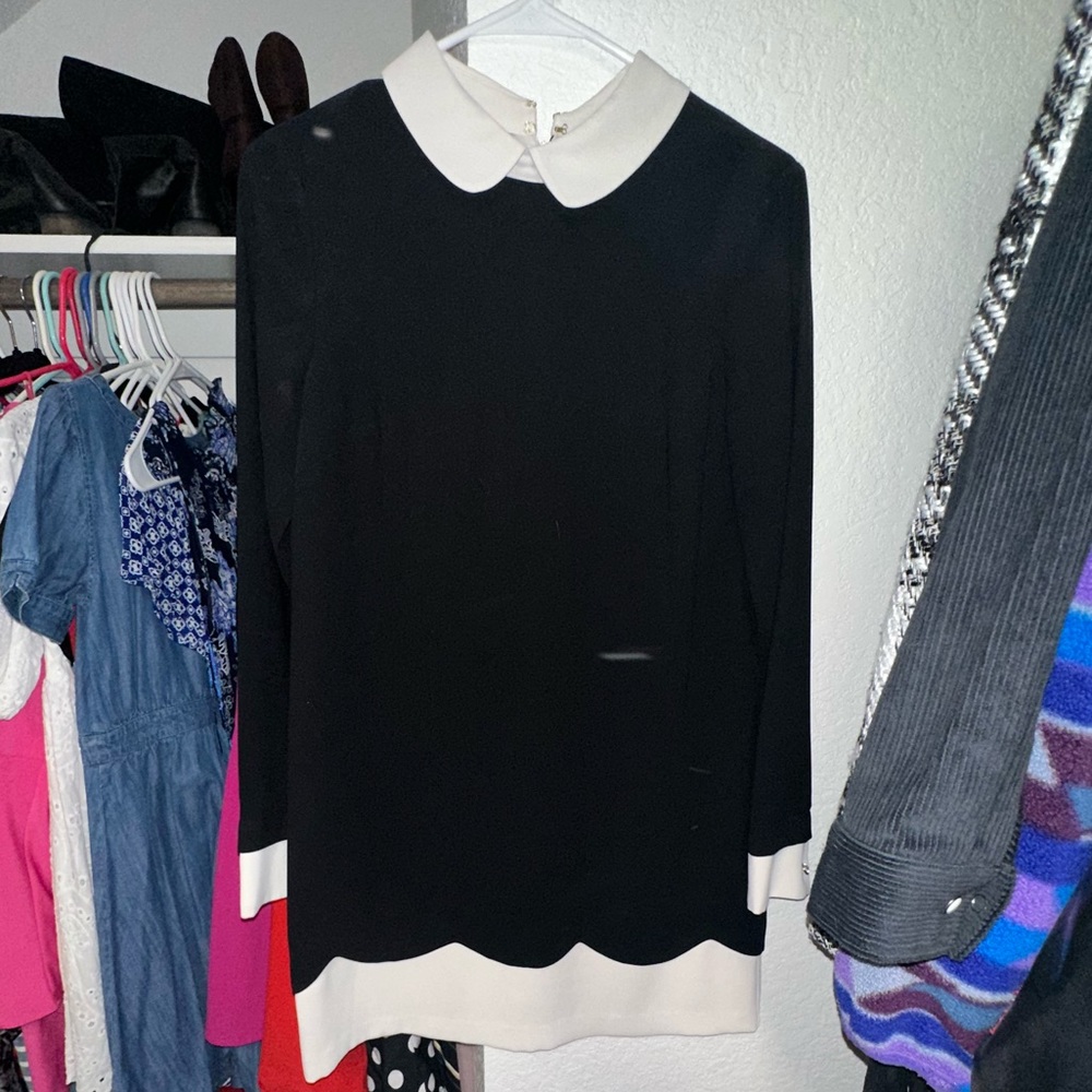 Cece Black and White Scalloped Edge Dress
